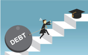 Vector of male carrying debt up stairs